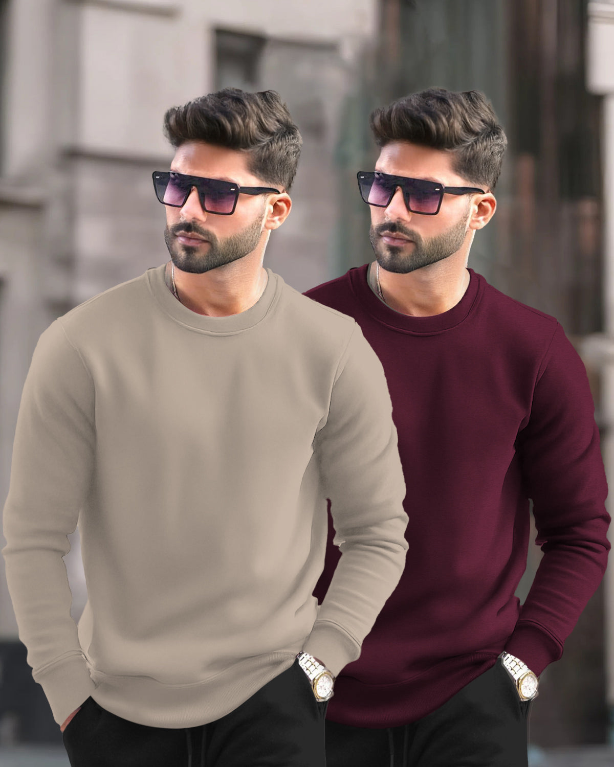 (Pack of 2) Mens Plain Round Neck Sweatshirts - 6 Color Variants