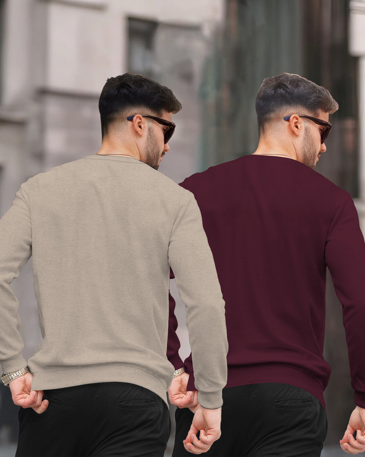 (Pack Of 2) Mens Round Neck Plain Winter Sweatshirts / Beige & Maroon