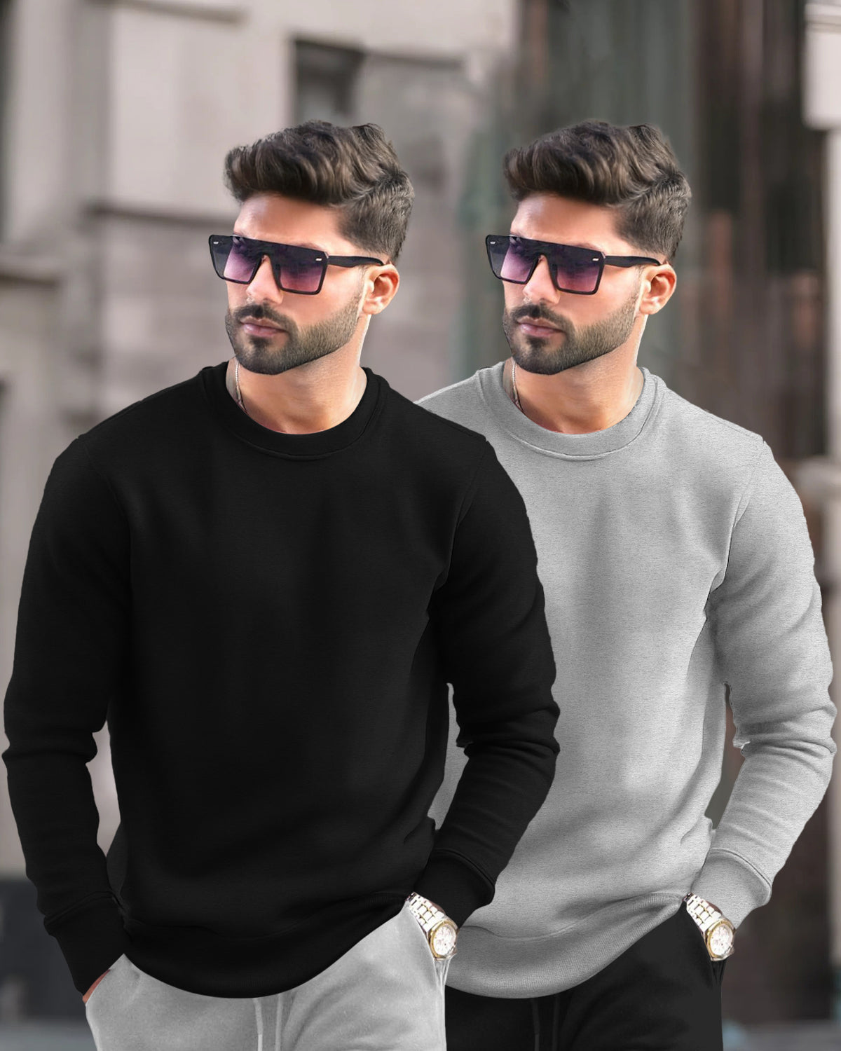 (Pack Of 2) Mens Round Neck Plain Winter Sweatshirts / Black & Grey