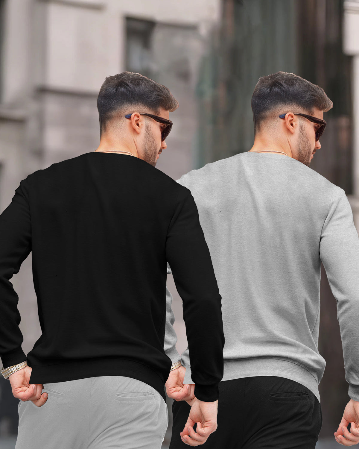 (Pack Of 2) Mens Round Neck Plain Winter Sweatshirts / Black & Grey