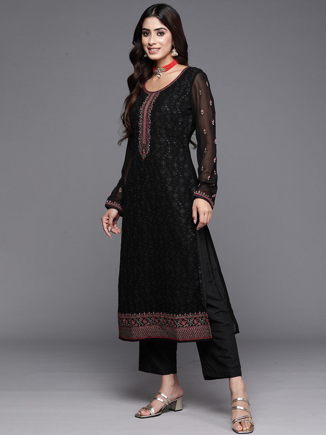 Black Embroidered Georgette Straight Suit With Dupatta