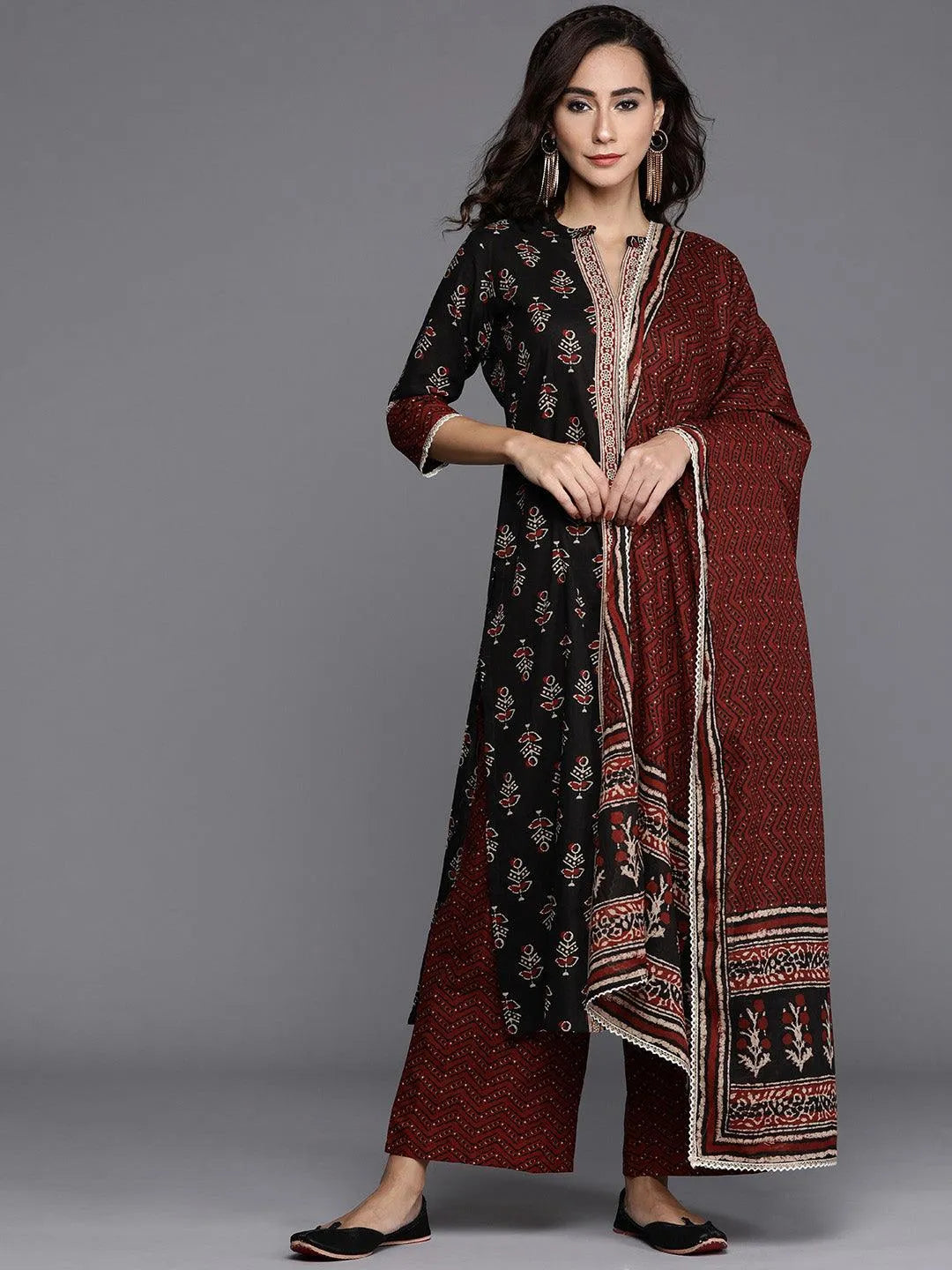 Black Printed Cotton Straight Kurta With Palazzos & Dupatta