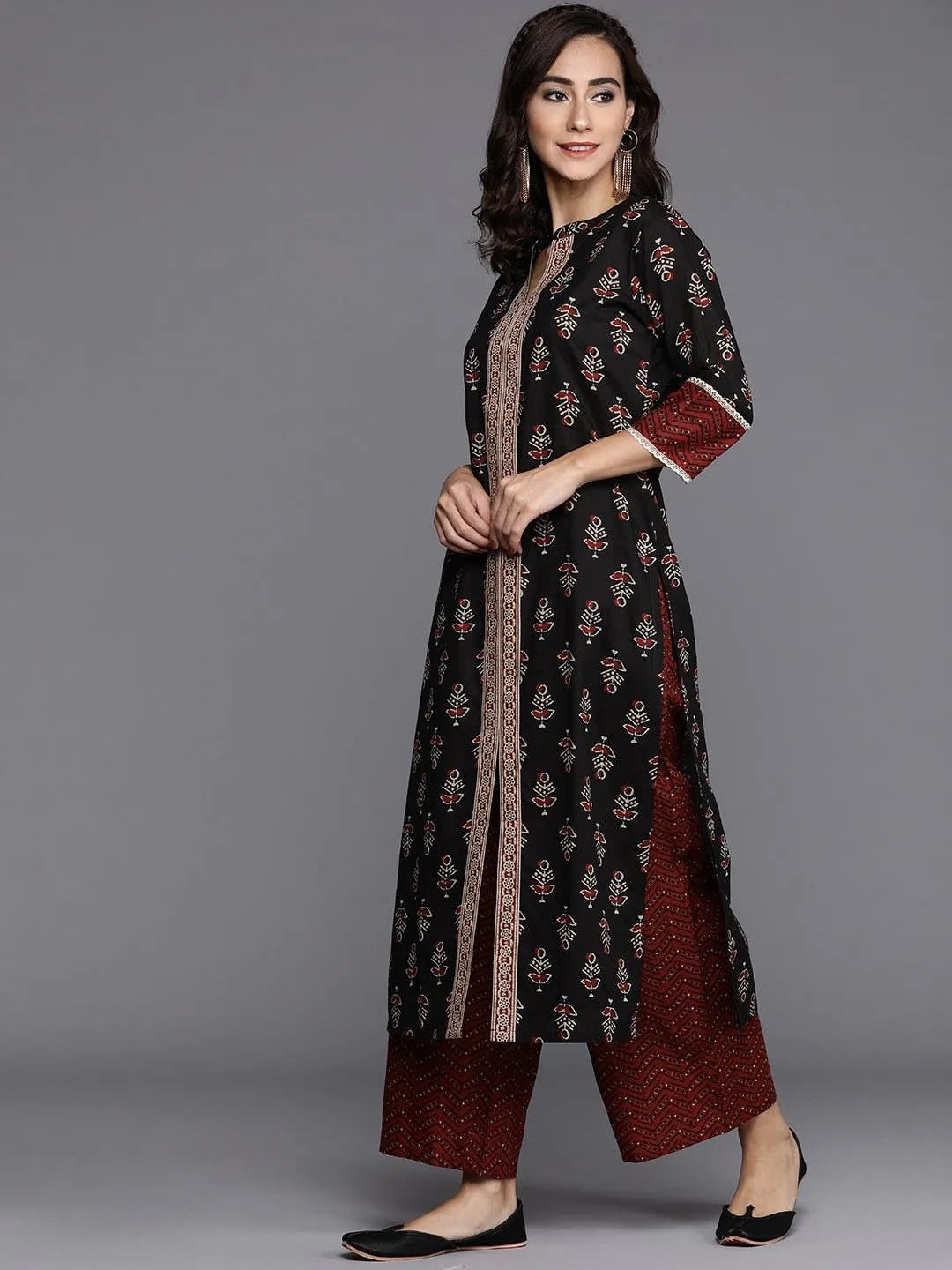 Black Printed Cotton Straight Kurta With Palazzos & Dupatta