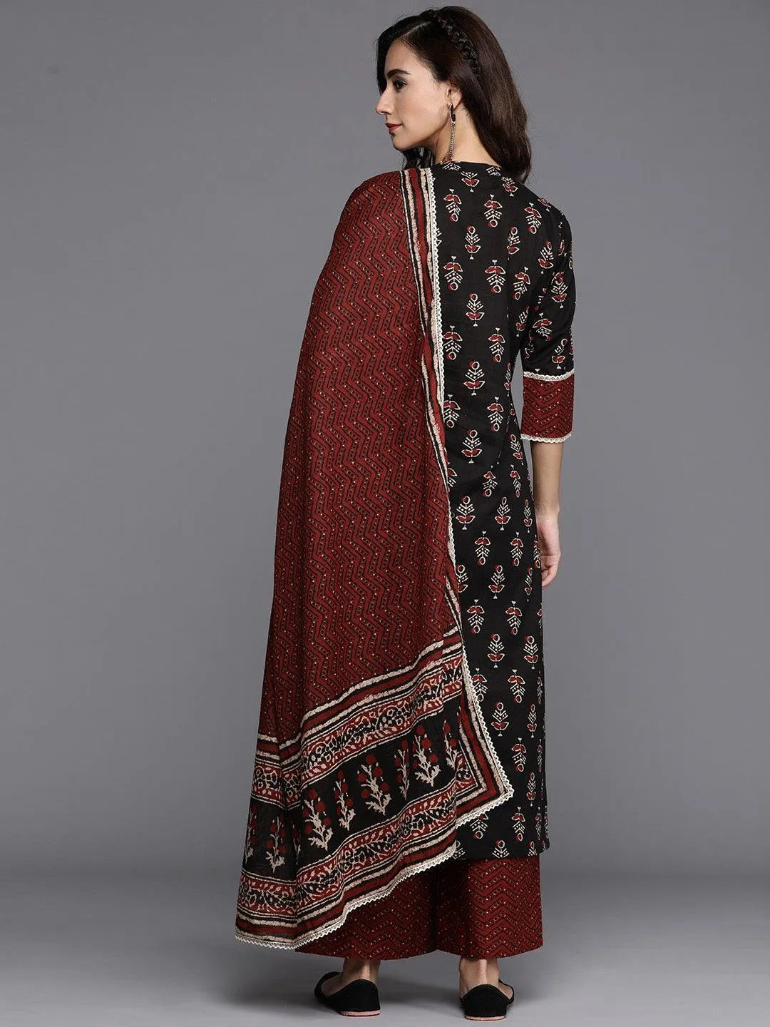 Black Printed Cotton Straight Kurta With Palazzos & Dupatta