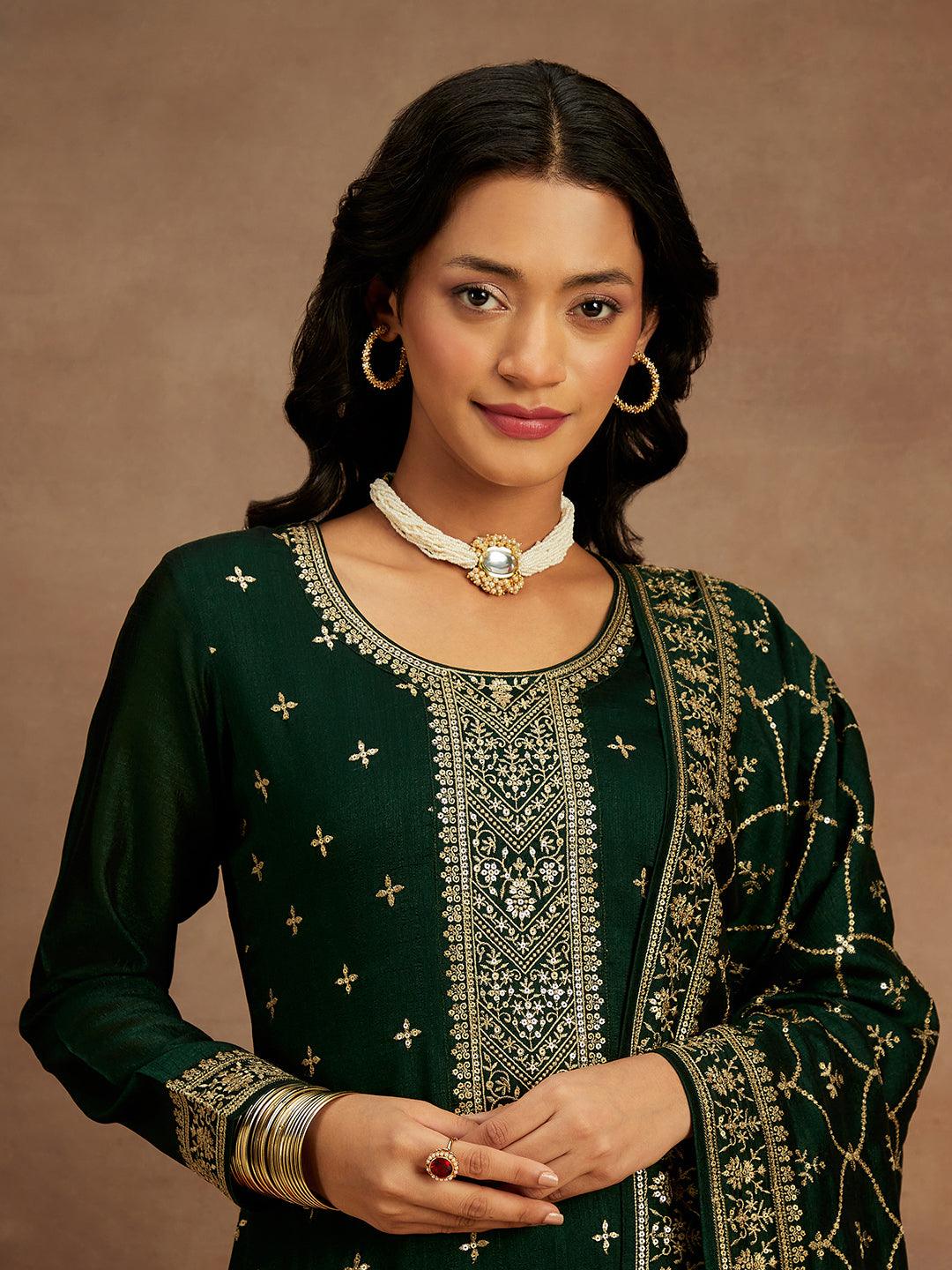 Green Embroidered Silk Blend Straight Suit With Dupatta