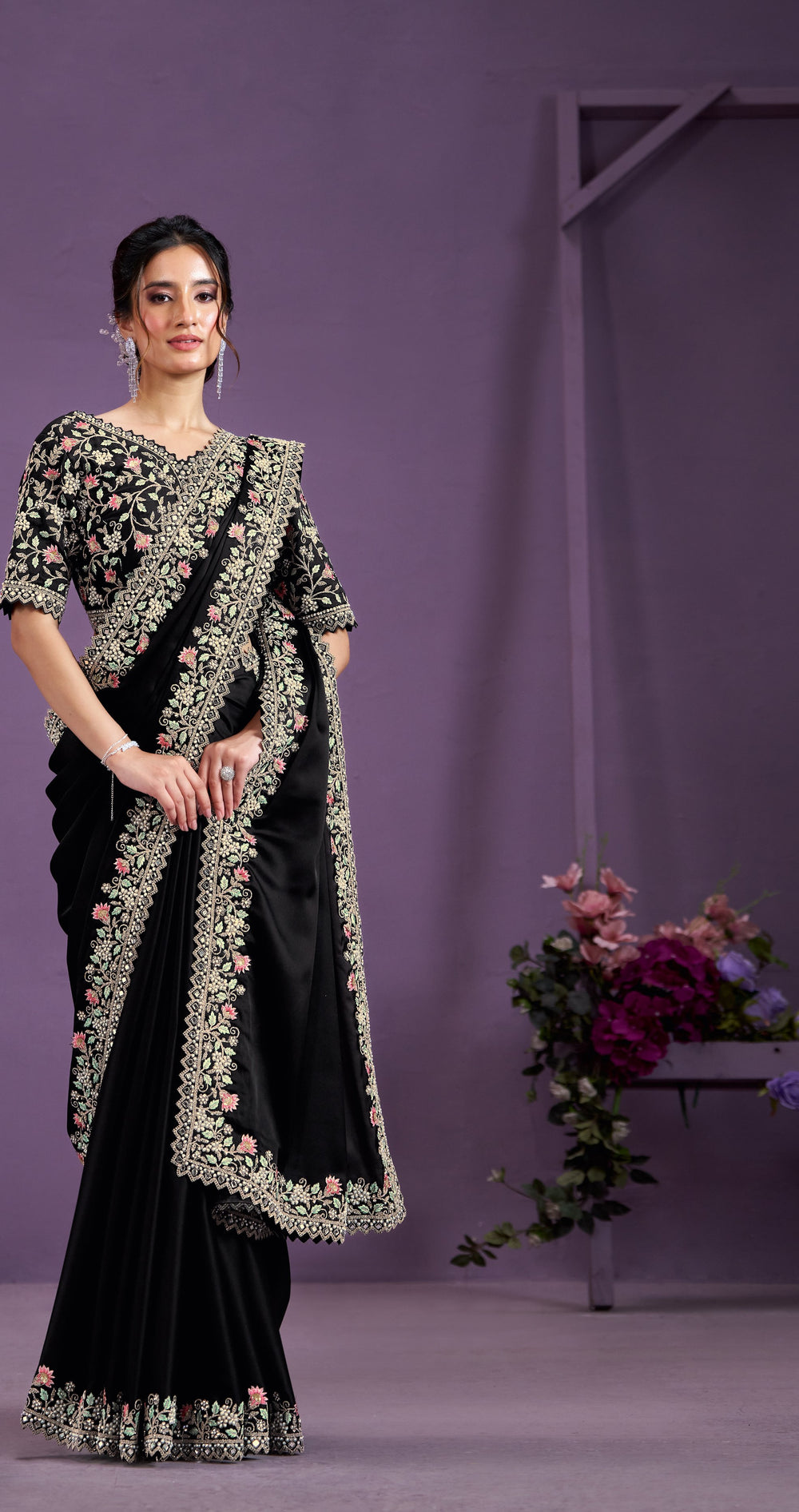 Black Crape Sartin Silk Sequins With Pure Handwork Saree