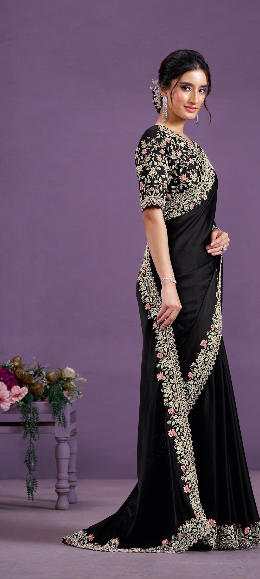 Black Crape Sartin Silk Sequins With Pure Handwork Saree