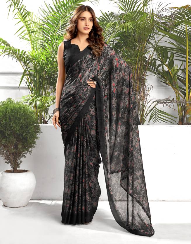 Floral Print, Printed Daily Wear Chiffon, Georgette Saree  (Black, Multicolor)