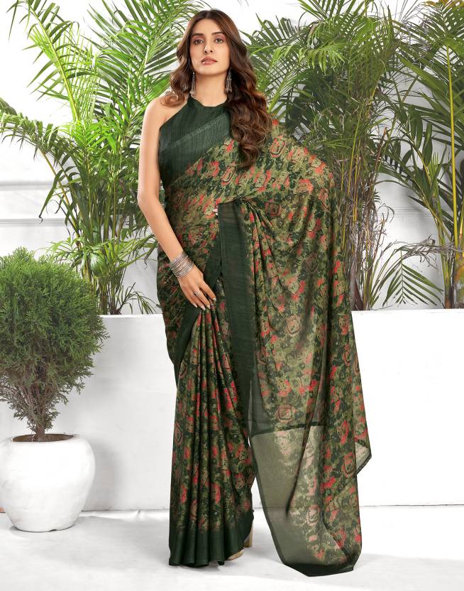 Floral Print, Printed Daily Wear Chiffon, Georgette Saree  (Dark Green, Light Green)