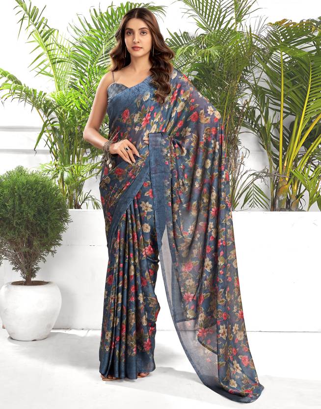 Floral Print, Printed Daily Wear Chiffon, Georgette Saree  (Dark Blue, Multicolor)