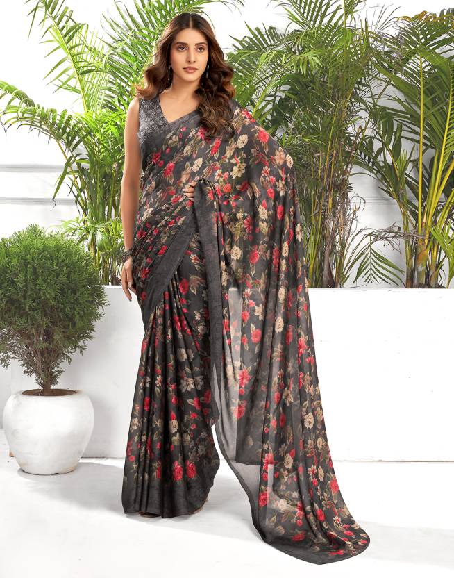 Floral Print, Printed Daily Wear Chiffon, Georgette Saree  (Grey, Multicolor)