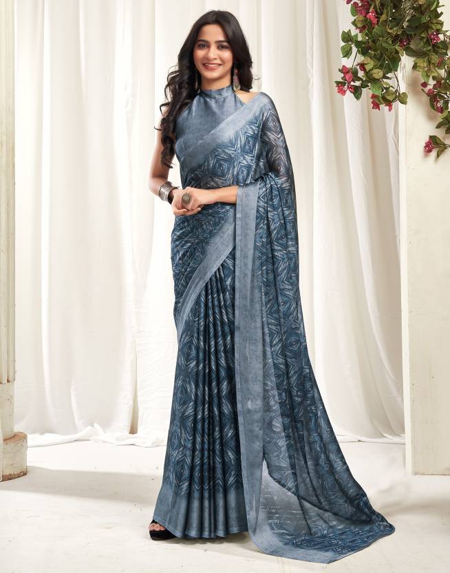 Floral Print, Printed Daily Wear Chiffon, Georgette Saree  (Grey, Blue)