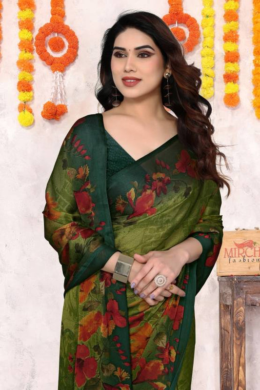 Floral Print Daily Wear Chiffon, Georgette Saree  (Green)