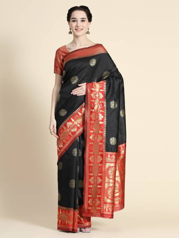 Woven Kanjivaram Pure Silk, Art Silk Saree  (Black)