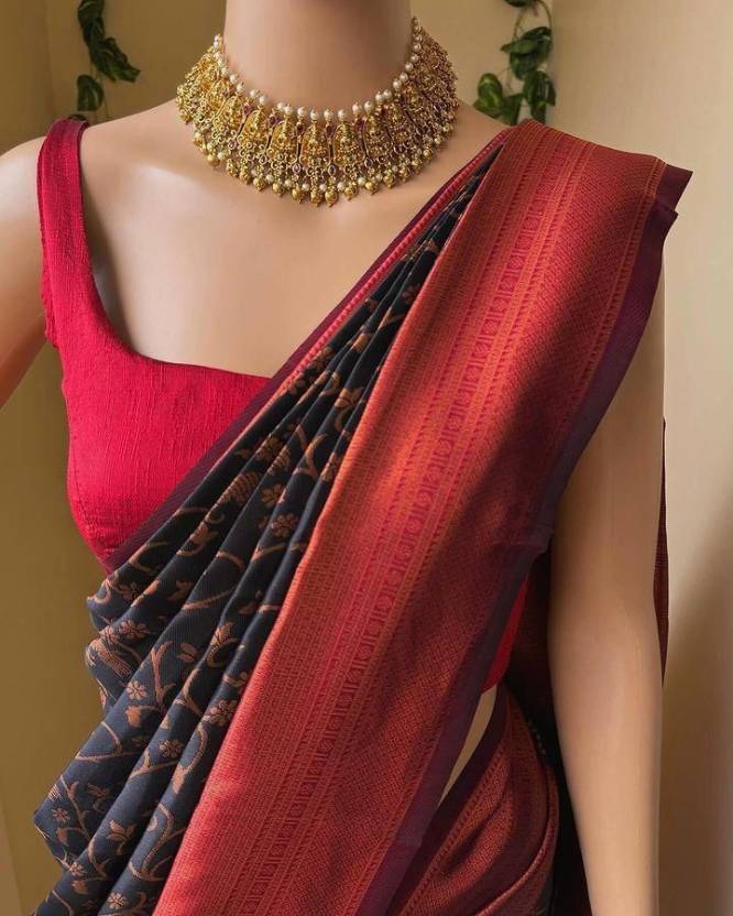 Floral Print Kanjivaram Jacquard, Silk Blend Saree  (Black, Red)