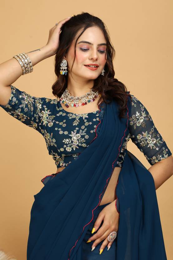 Embroidered Bollywood Georgette Saree  (Blue)