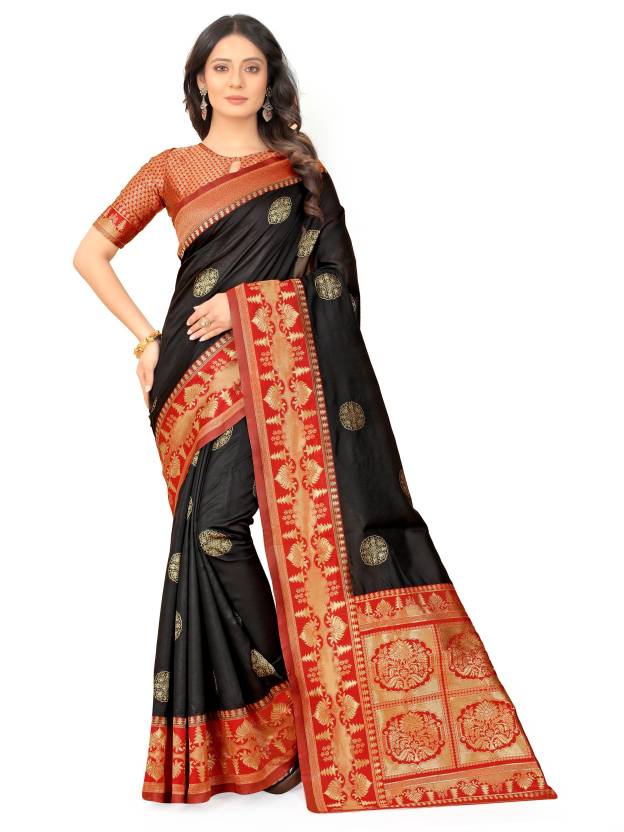 Woven Kanjivaram Pure Silk, Art Silk Saree  (Red, Black)