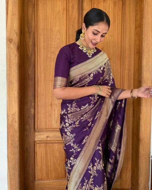 Woven Kanjivaram Pure Silk, Art Silk Saree  (Purple, Gold)