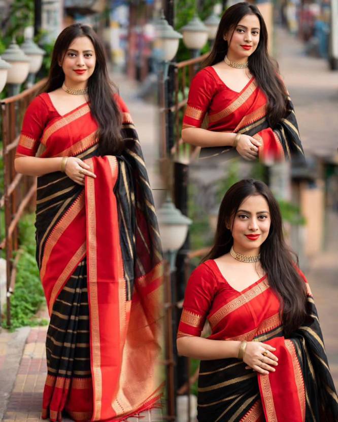 Self Design Kanjivaram Silk Blend Saree  (Black)