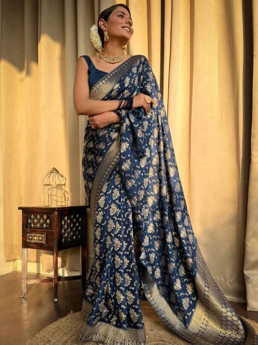 Self Design Kanjivaram Silk Blend Saree  (Blue)