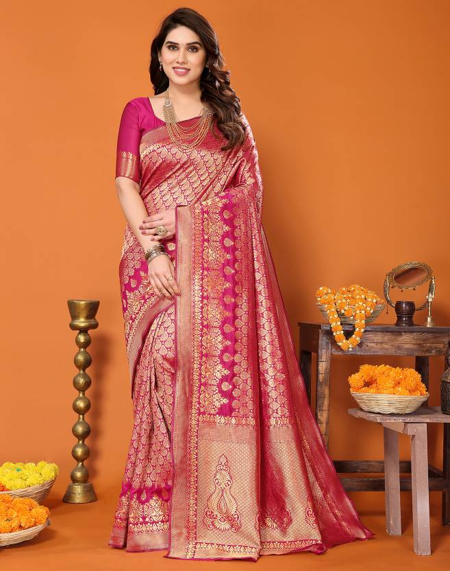 Self Design Kanjivaram Silk Blend Saree  (Pink)