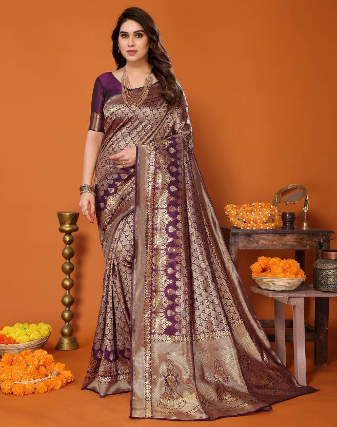 Self Design Kanjivaram Silk Blend Saree  (Purple)