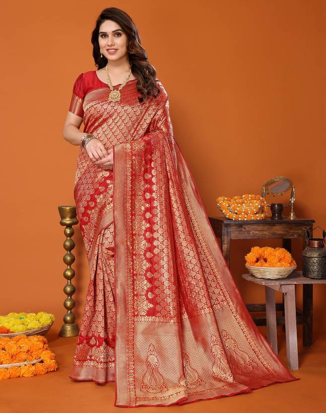 Self Design Kanjivaram Silk Blend Saree  (Red)