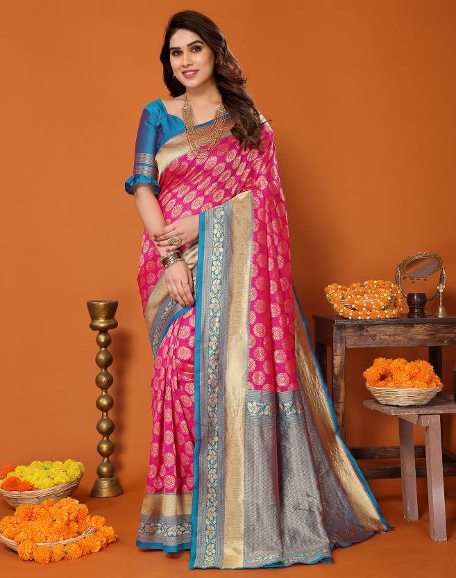 Self Design Kanjivaram Silk Blend Saree  (Pink)