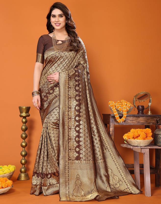 Self Design Kanjivaram Silk Blend Saree  (Brown)