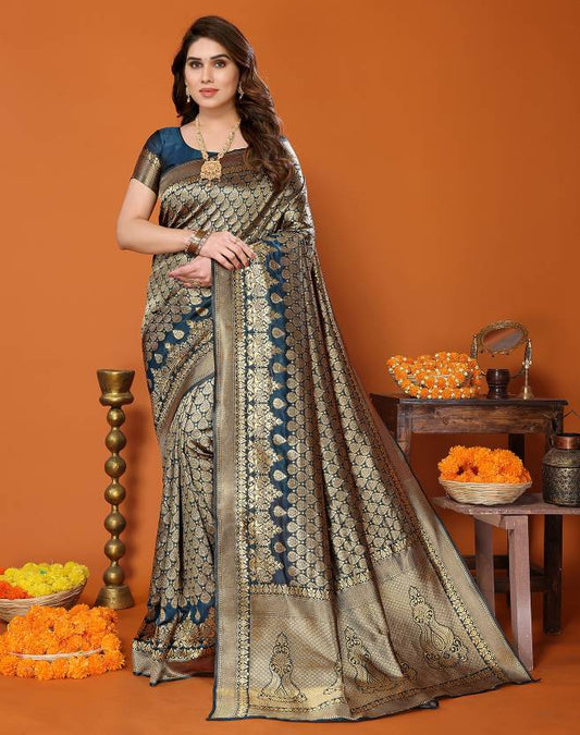 Self Design Kanjivaram Silk Blend Saree  (Blue)