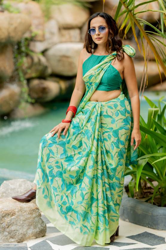 Floral Print Daily Wear Chiffon, Georgette Saree  (Green)