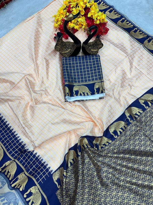 Floral Print Kanjivaram Jacquard, Silk Blend Saree  (White, Dark Blue)