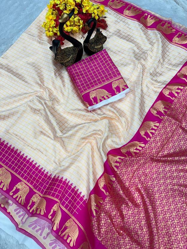 Floral Print Kanjivaram Jacquard, Silk Blend Saree  (White, Pink)