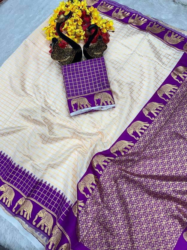 Floral Print Kanjivaram Jacquard, Silk Blend Saree  (White, Purple)