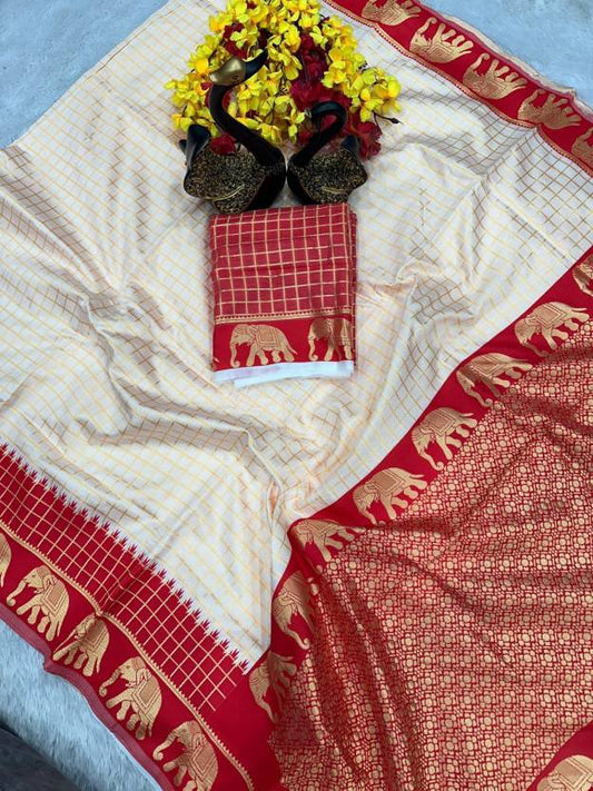 Floral Print Kanjivaram Jacquard, Silk Blend Saree  (White, Red)