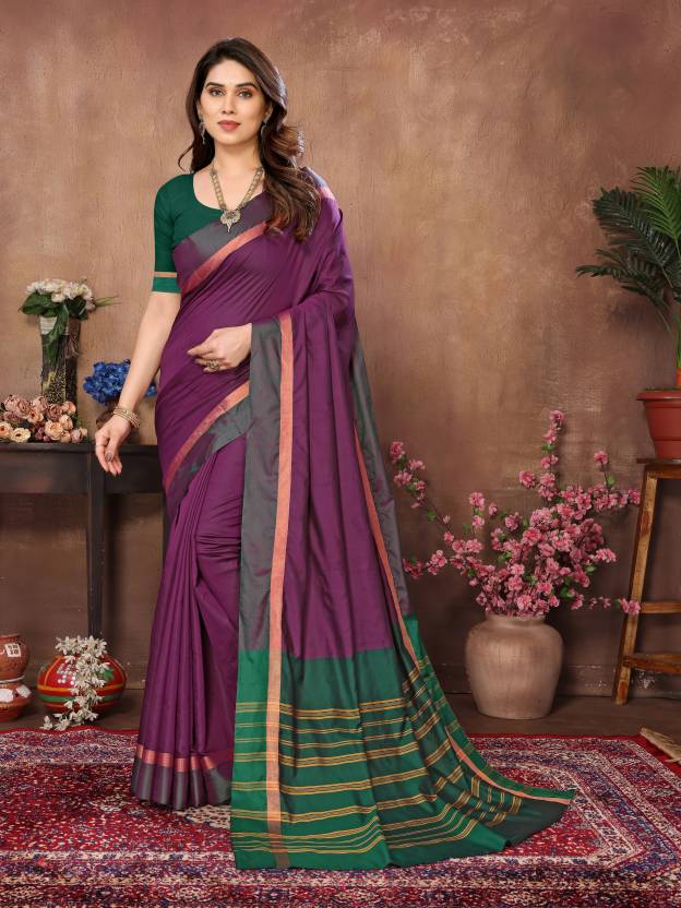 Woven Kanjivaram Pure Silk Saree  (Purple, Green)