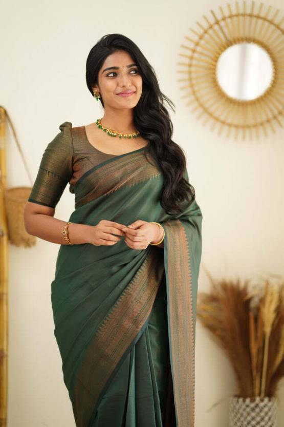 Geometric Print Kanjivaram Tussar Silk Saree  (Green)