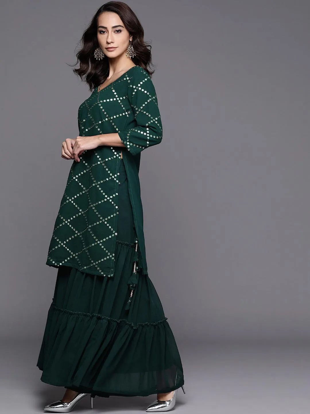 Green Embroidered Georgette Straight Sharara Suit Set With Dupatta