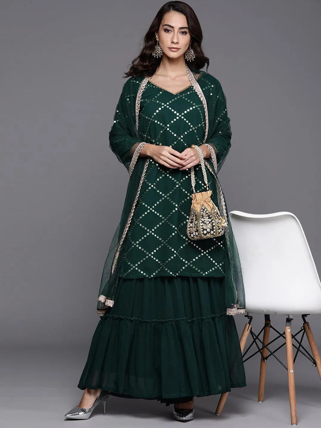 Green Embroidered Georgette Straight Sharara Suit Set With Dupatta