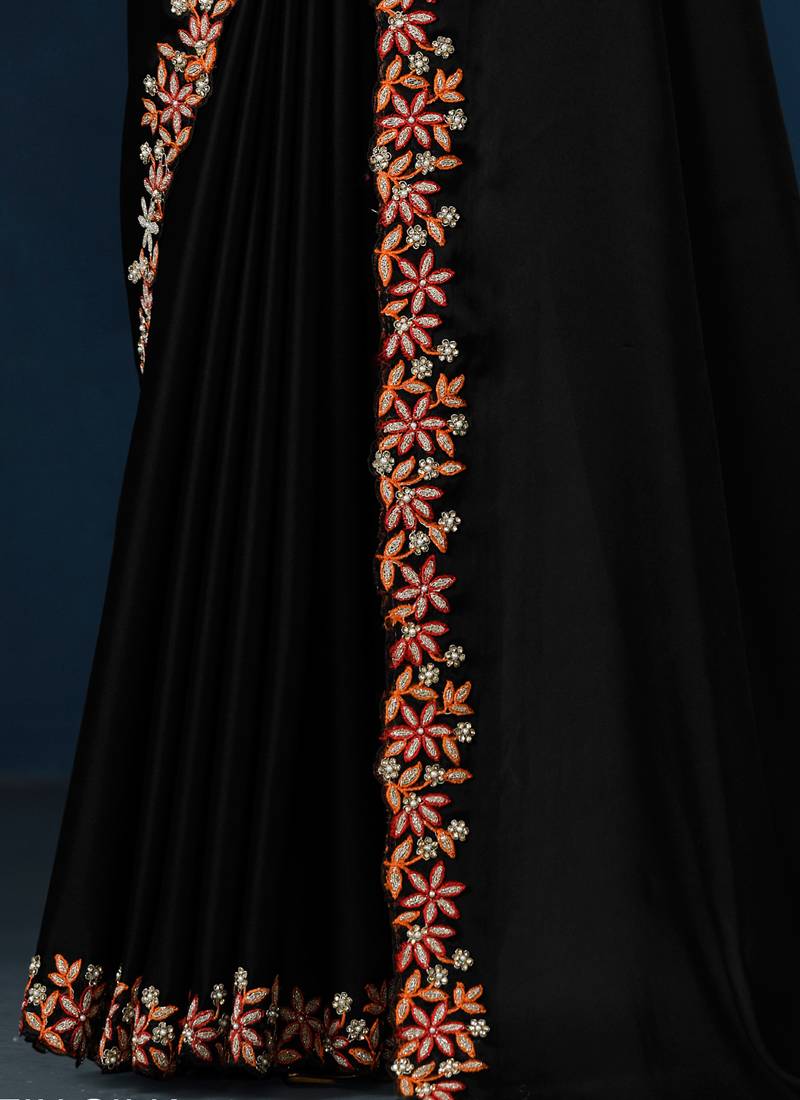 Black Crepe Satin Silk Thread Work With Pure Handwork Saree