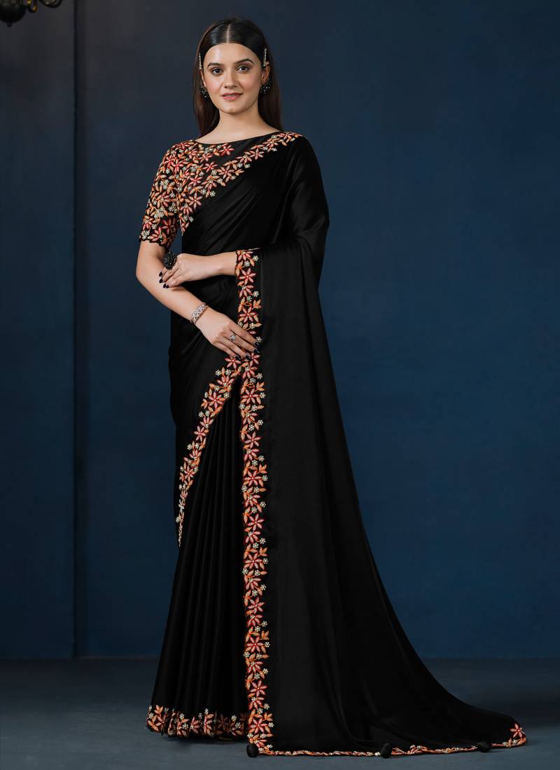 Black Crepe Satin Silk Thread Work With Pure Handwork Saree