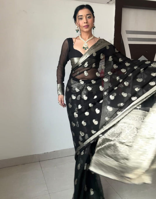 Black Cotton Silk Ready To Wear Saree