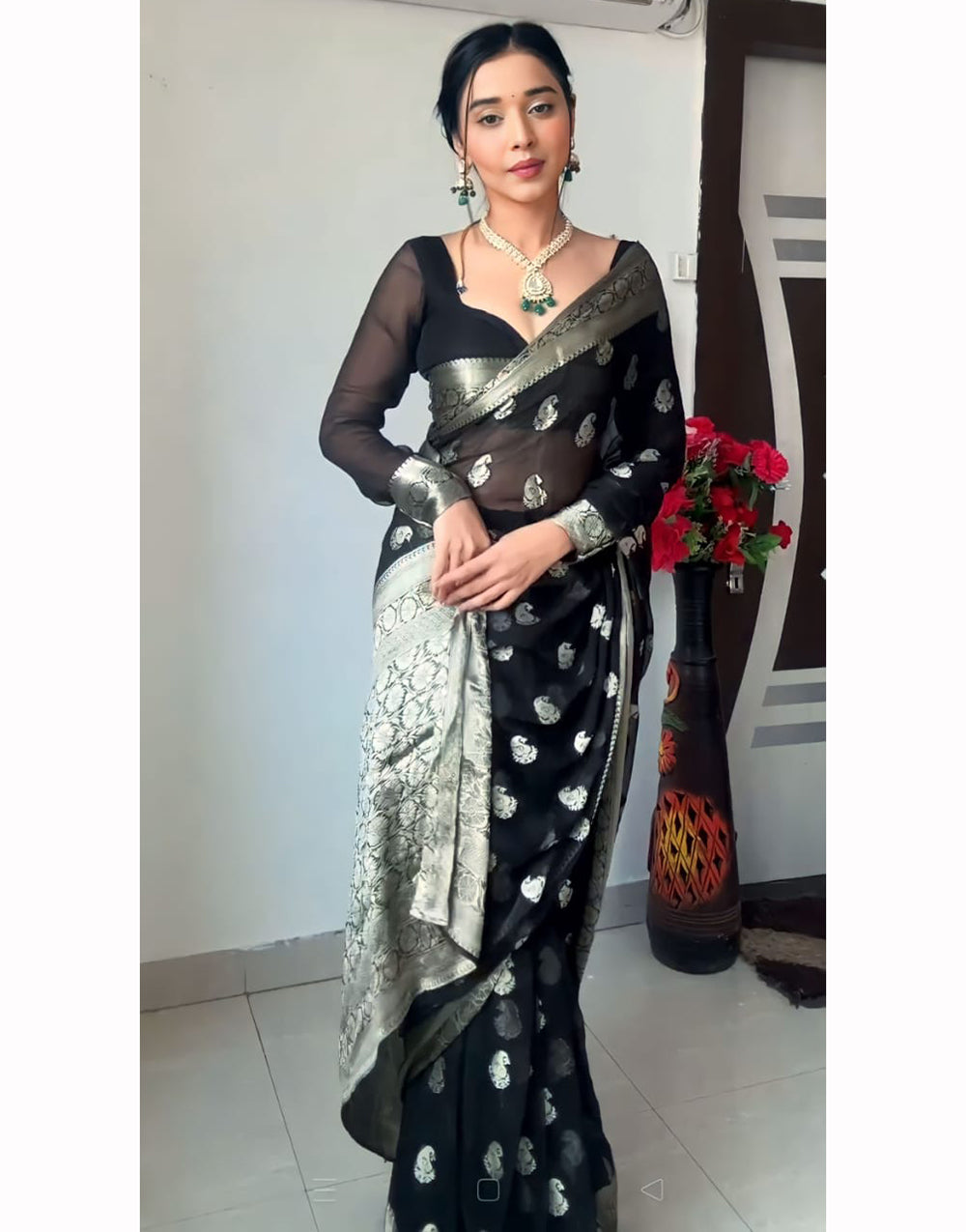 Black Cotton Silk Ready To Wear Saree