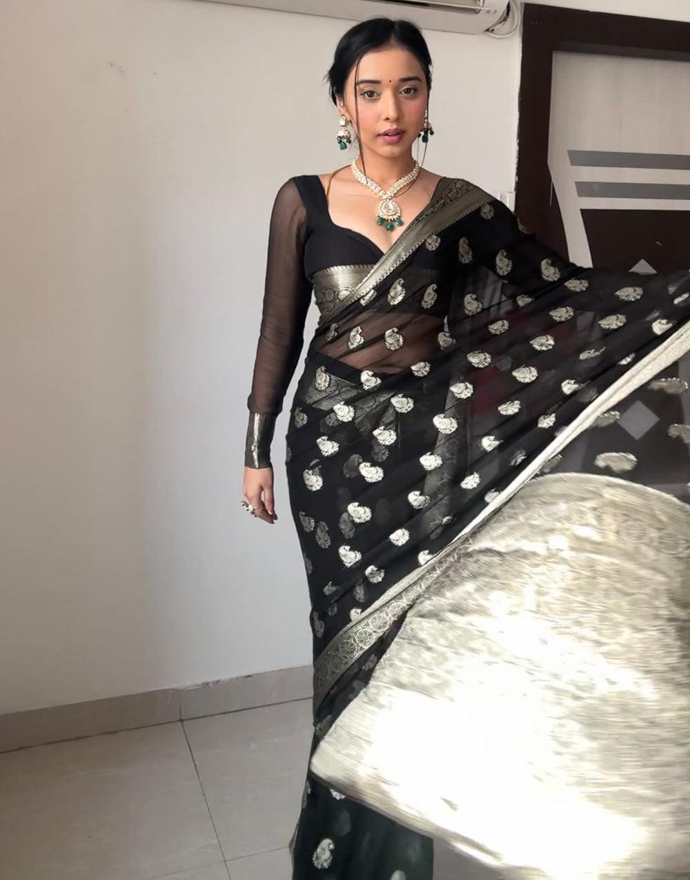 Black Cotton Silk Ready To Wear Saree