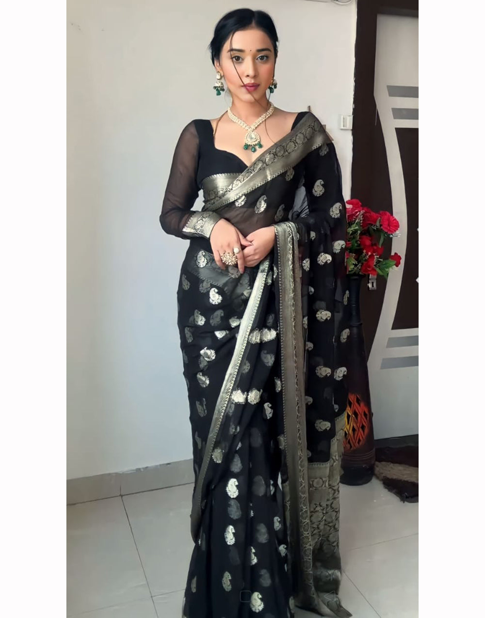 Black Cotton Silk Ready To Wear Saree