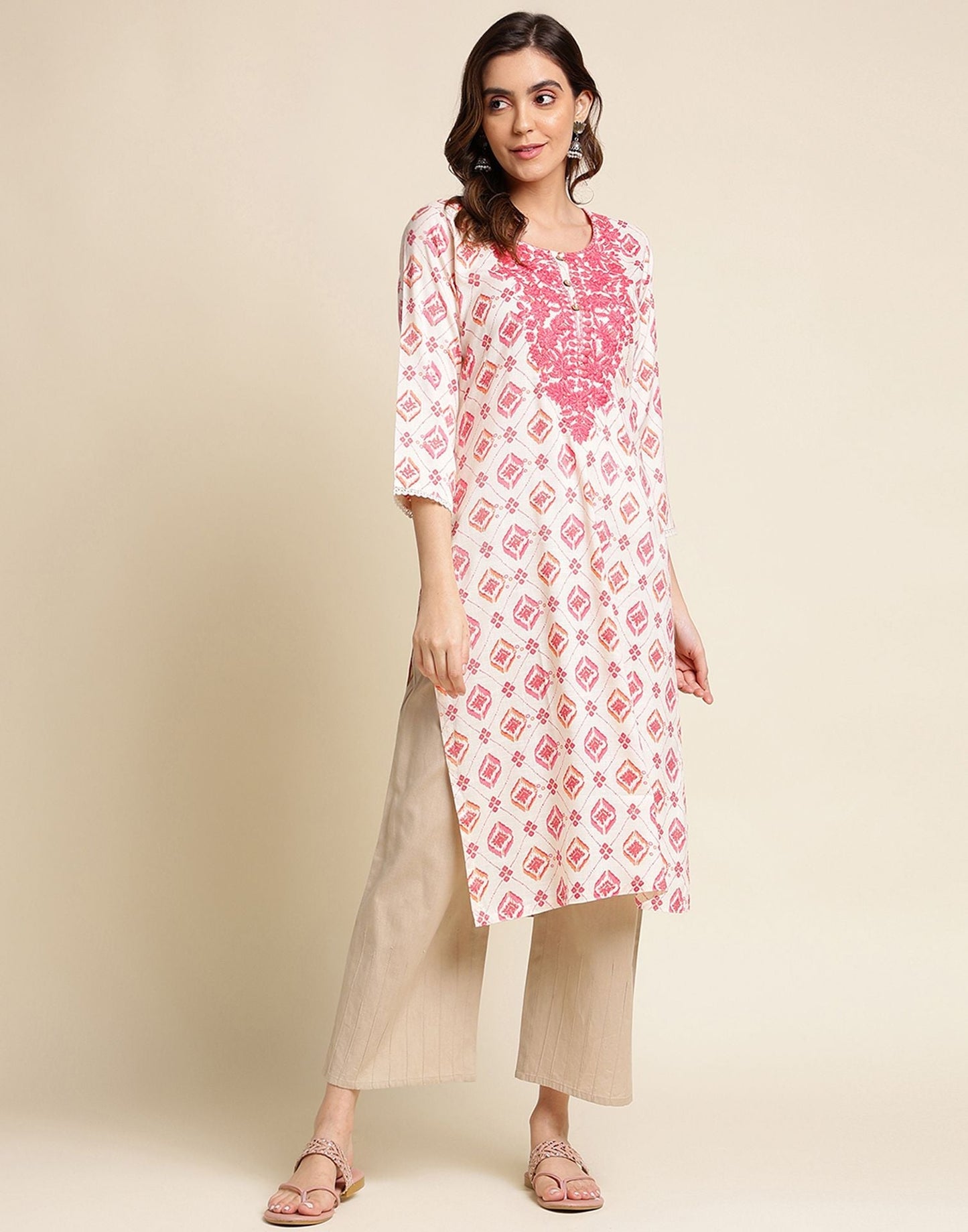 Off White Rayon Printed Straight Kurta