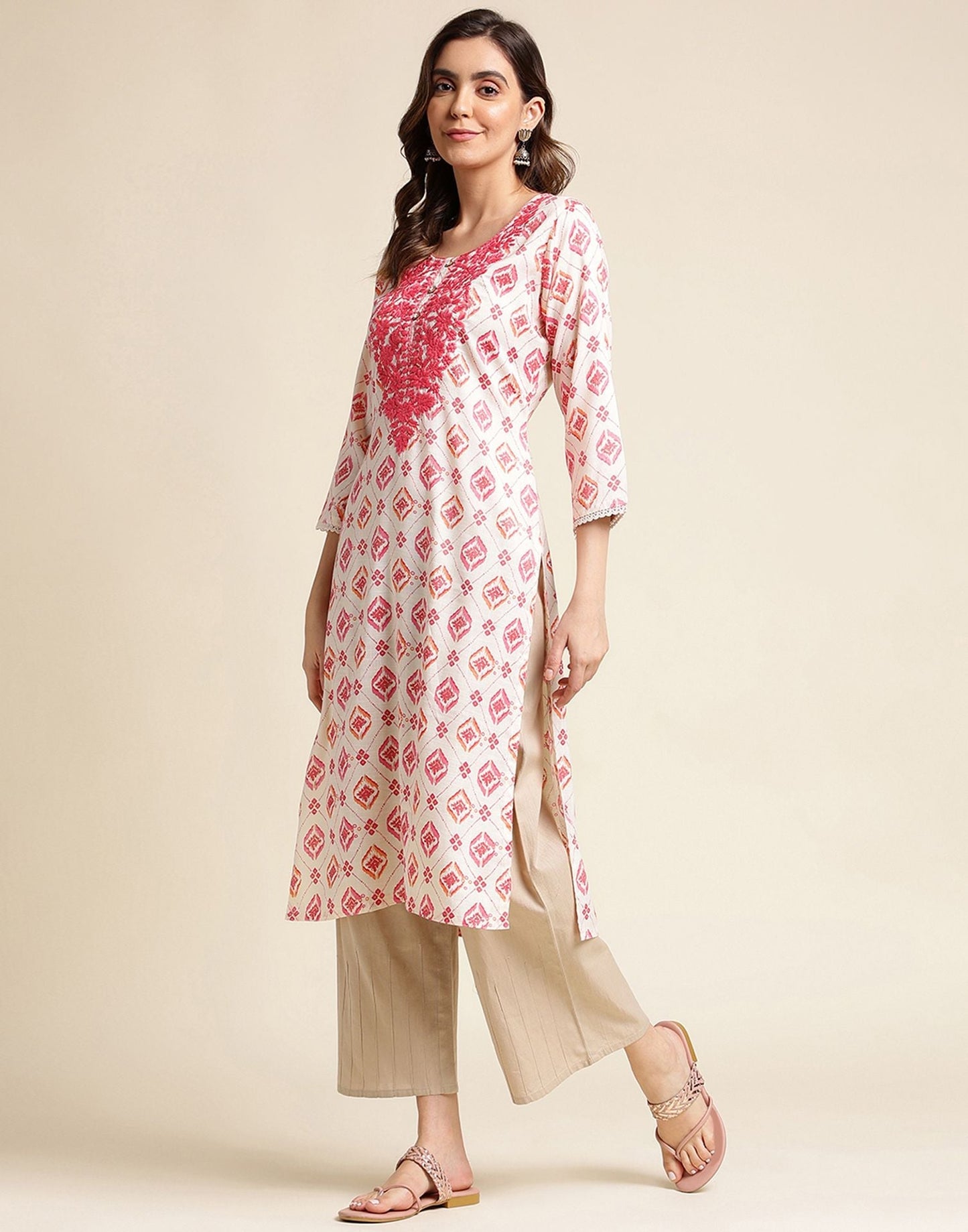 Off White Rayon Printed Straight Kurta