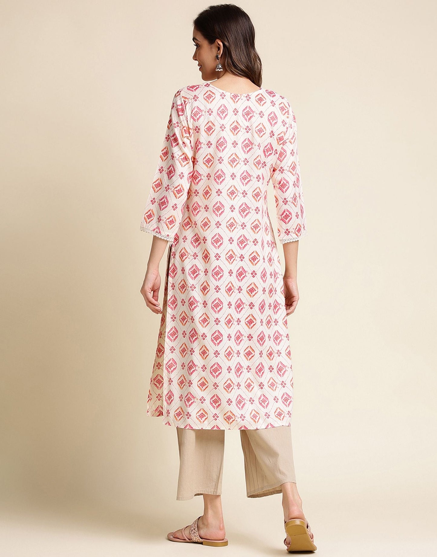 Off White Rayon Printed Straight Kurta