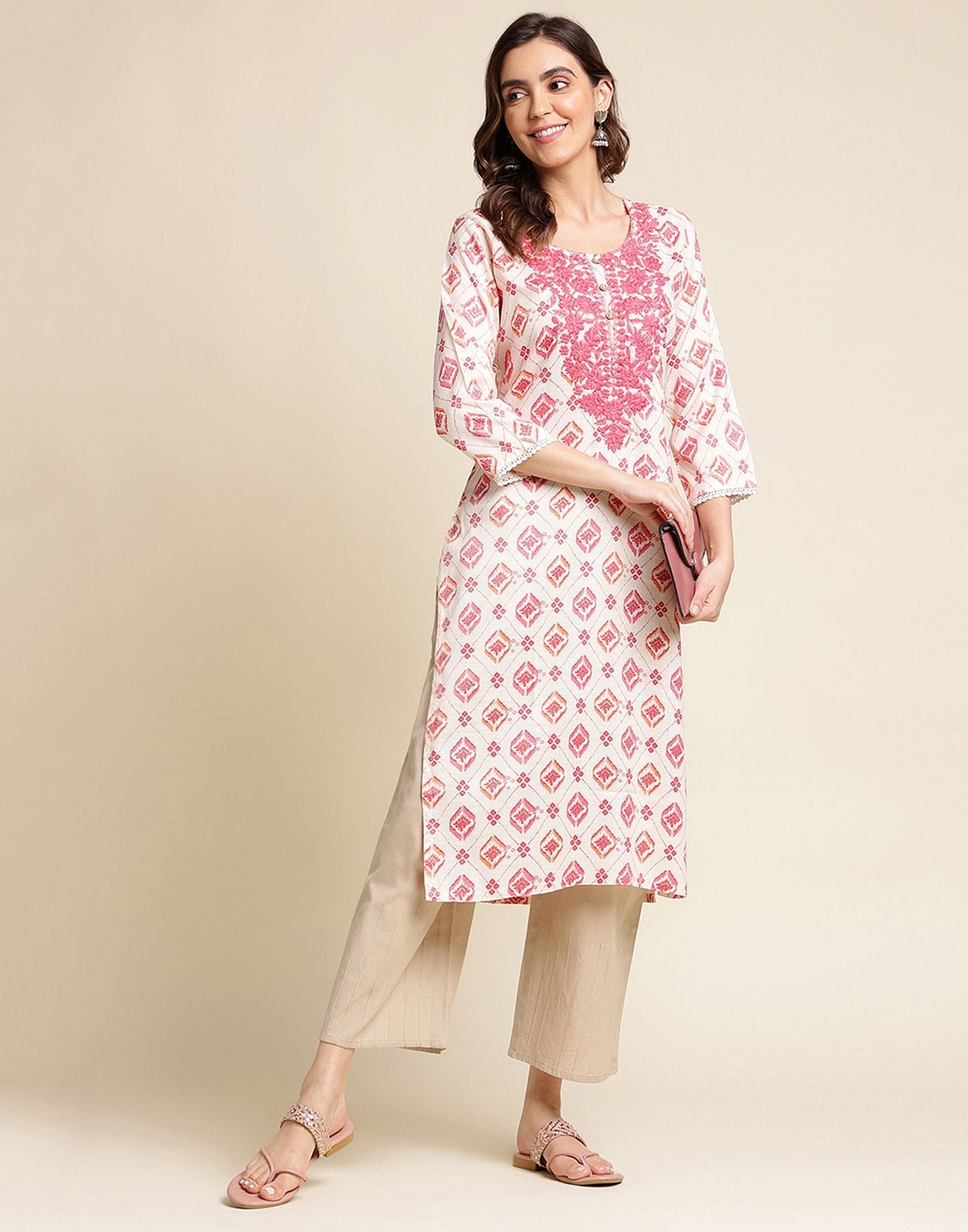 Off White Rayon Printed Straight Kurta