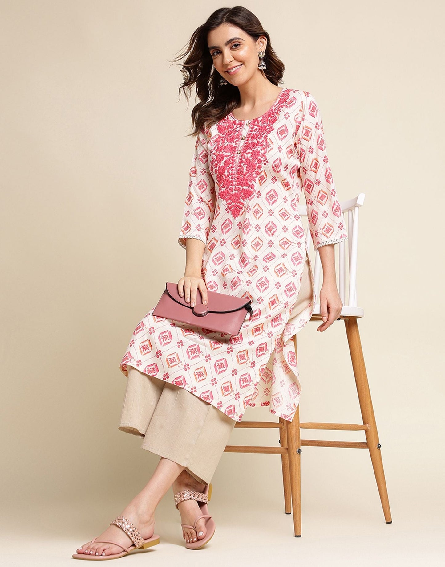 Off White Rayon Printed Straight Kurta